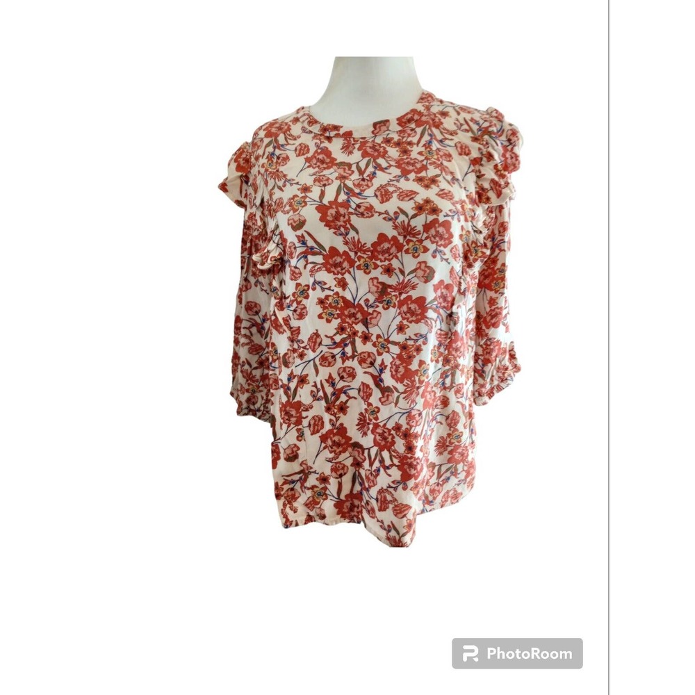 Eclair Blue Modest Neck Blouse Floral Print Ruffled Shoulders Women's M Prairie